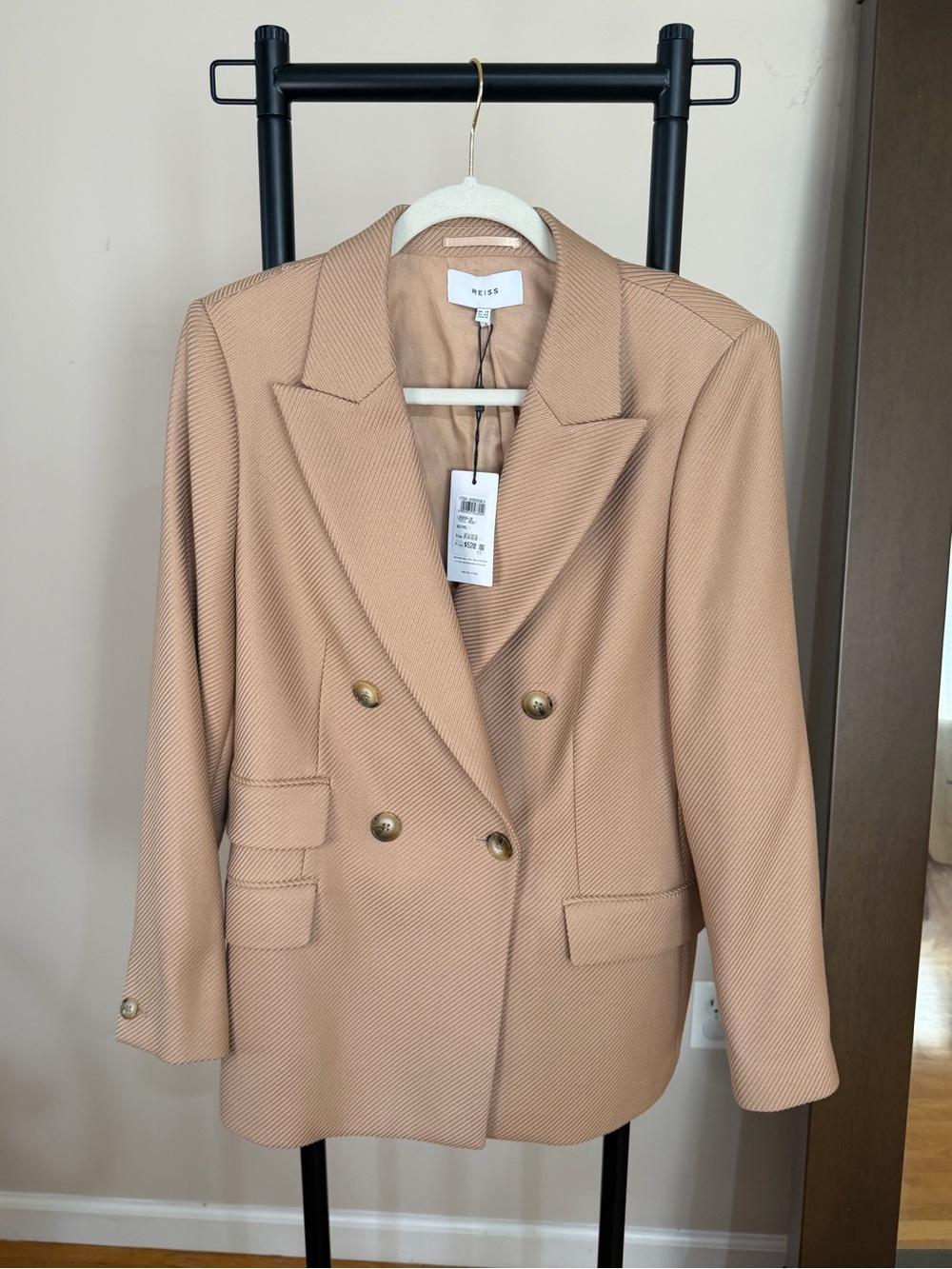 Reiss Double-Breasted Tan Blazer with Gold Buttons